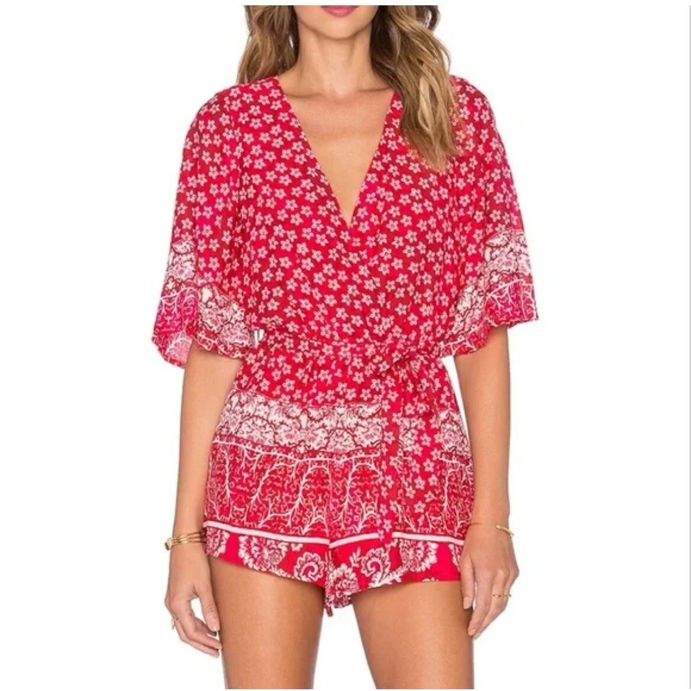 Lovers + Friends Revolve Isabelle Romper Red Scarf XS Plunge Neck Pockets NWT